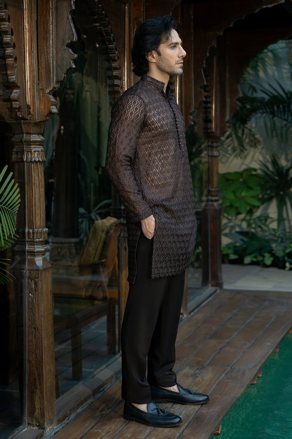 Brown Organza Kurta & Cotton Silk Pajama