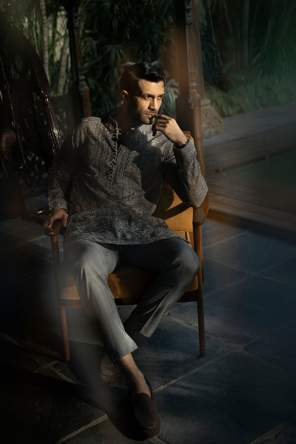 Grey Organza Kurta & Cotton Silk Pajama