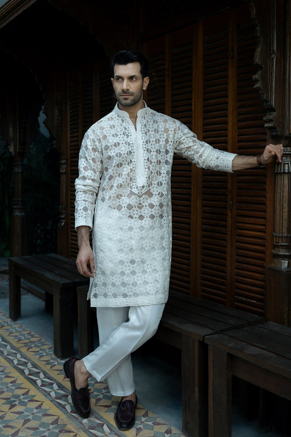 White Organza & Raw Silk Kurta Pajama