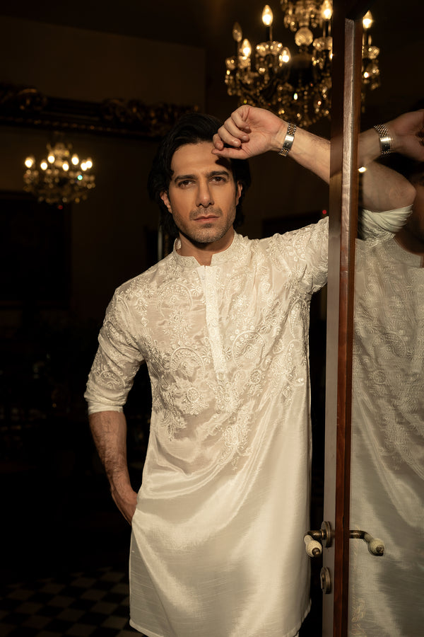 Milky White Raw Silk Kurta Pajama