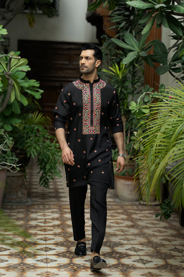 Black Korean Premium Raw Silk Kurta Pajama