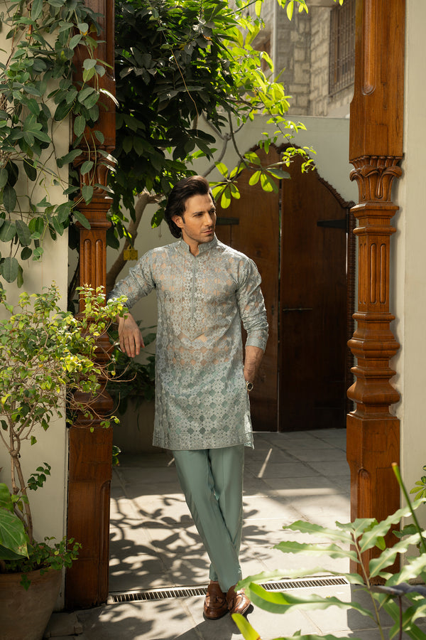 Aqua Blue Organza Kurta & Cotton Pajama