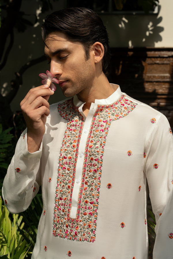 White Korean Premium Raw Silk Kurta Pajama